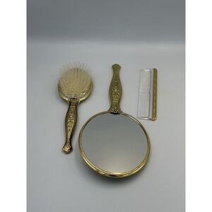 Gold Tone Vanity Set Mirror Brush Comb Cameo Lady Ornate Vintage Style